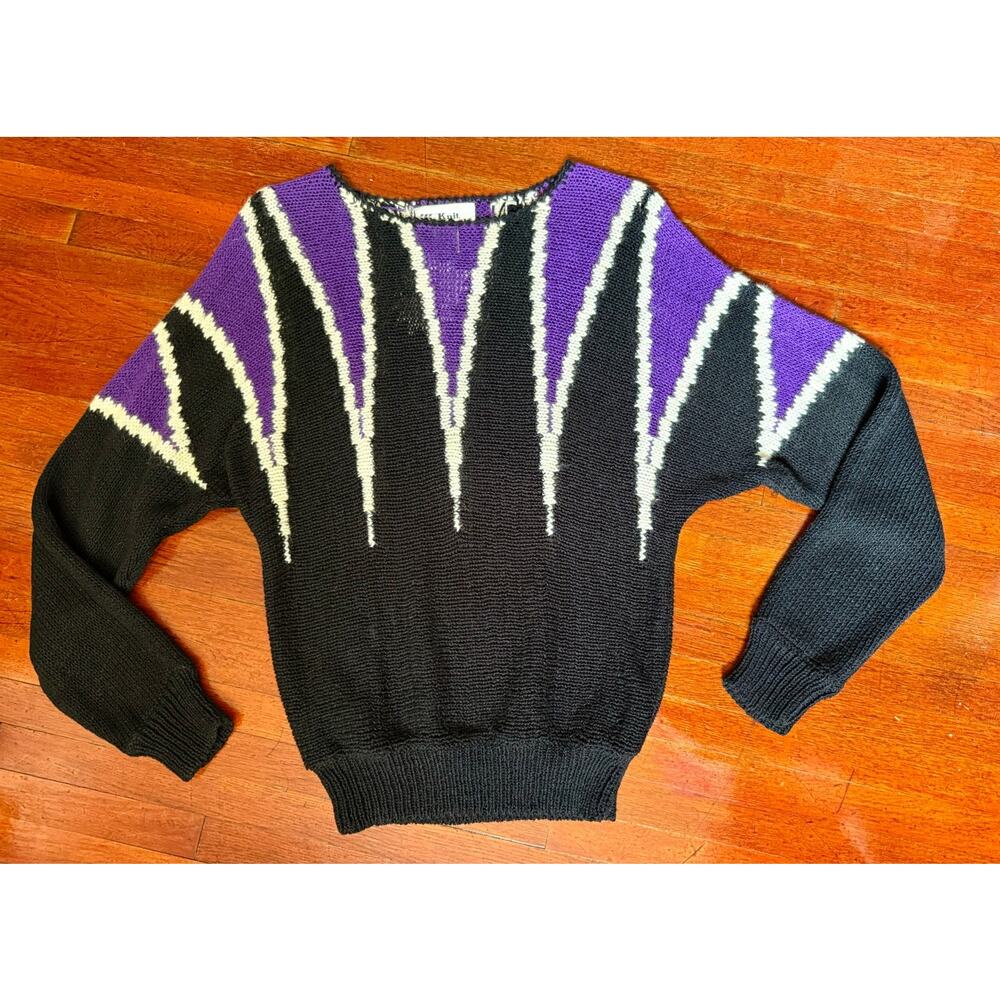 Vintage 80s Knit Knack Purple Black Harlequin Fun Pullover Acrylic Sweater Small